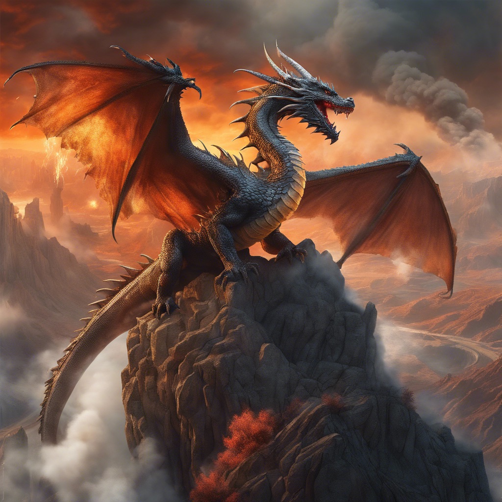 Majestic dragon, perched atop a cliff overlooking a fiery landscape, with smoke and ash rising into the air, intense, detailed, scales, dynamic, epic